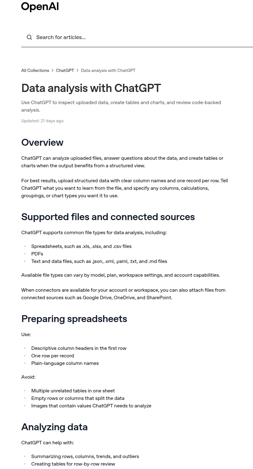 บทความ Data analysis with ChatGPT ในศูนย์ช่วยเหลือทางการของ OpenAI อธิบายการอัปโหลดไฟล์ตารางให้วิเคราะห์และวาดกราฟ