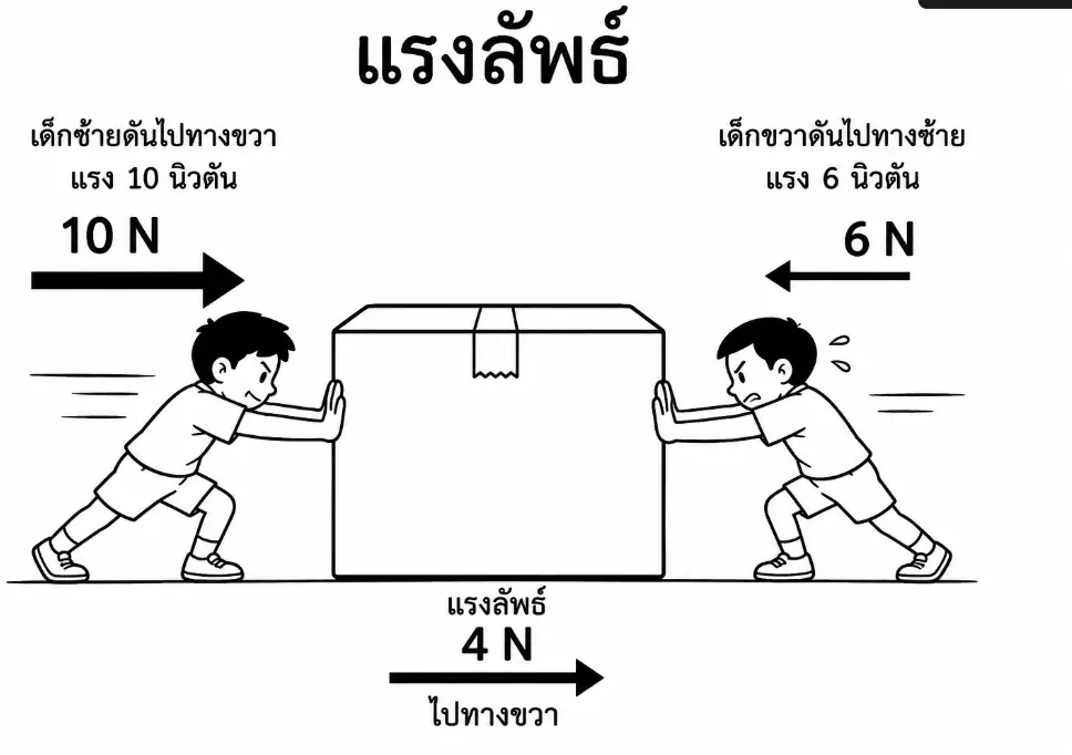 ภาพลายเส้นที่ AI วาด เด็กสองคนดันกล่องคนละด้าน มีลูกศรแรง 10 N กับ 6 N และลูกศรแรงลัพธ์ 4 N