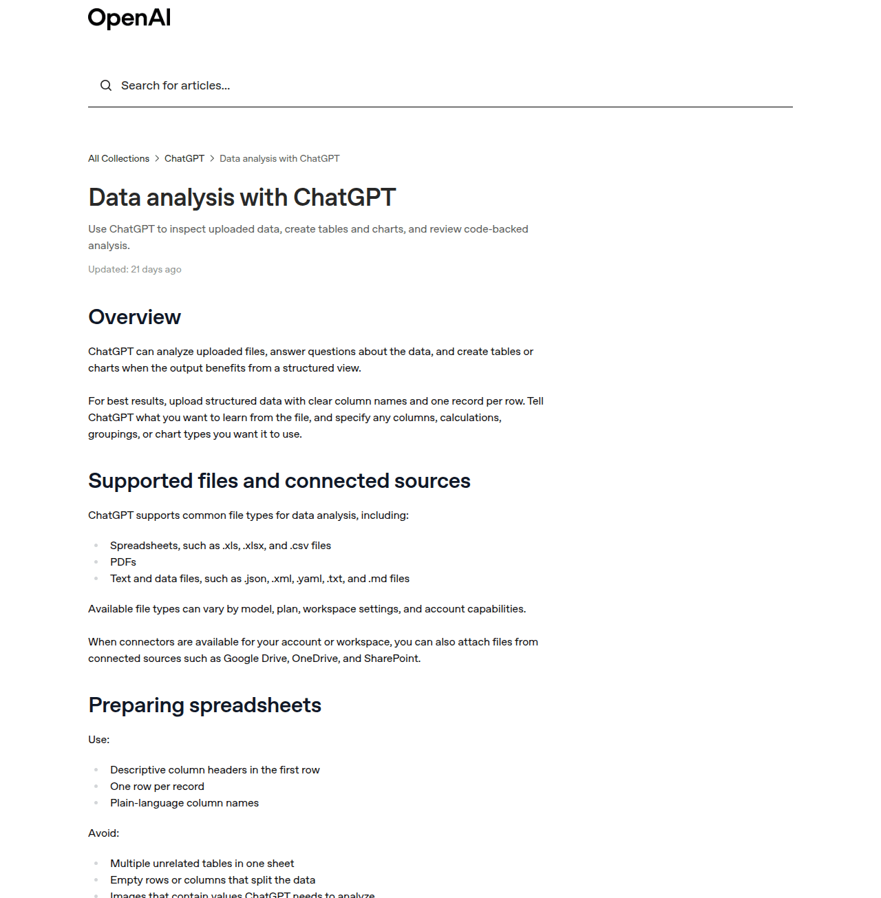 บทความ Data analysis with ChatGPT บนเว็บ Help Center อย่างเป็นทางการของ OpenAI
