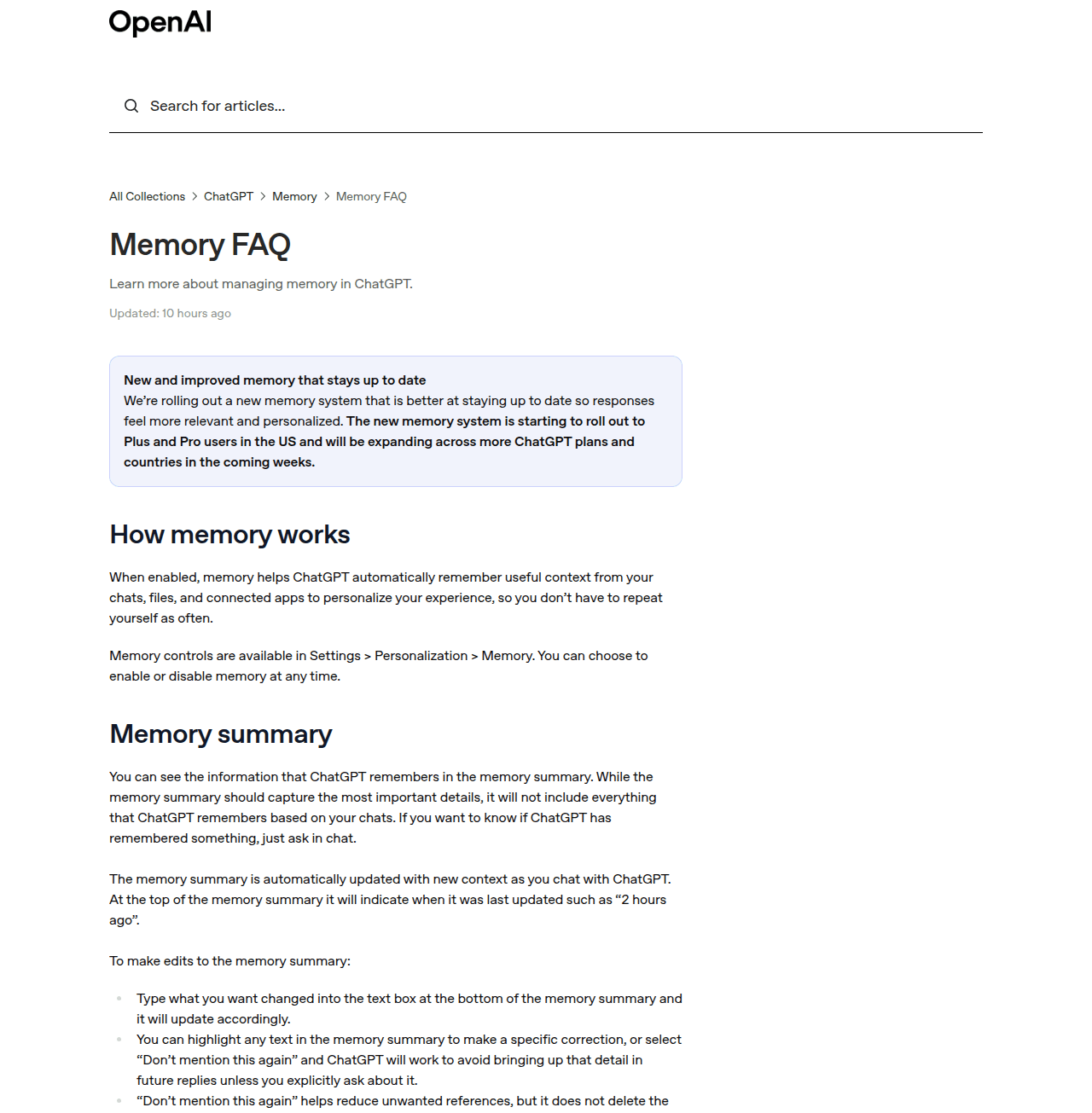 บทความอธิบายระบบ memory บนเว็บศูนย์ช่วยเหลืออย่างเป็นทางการของ OpenAI