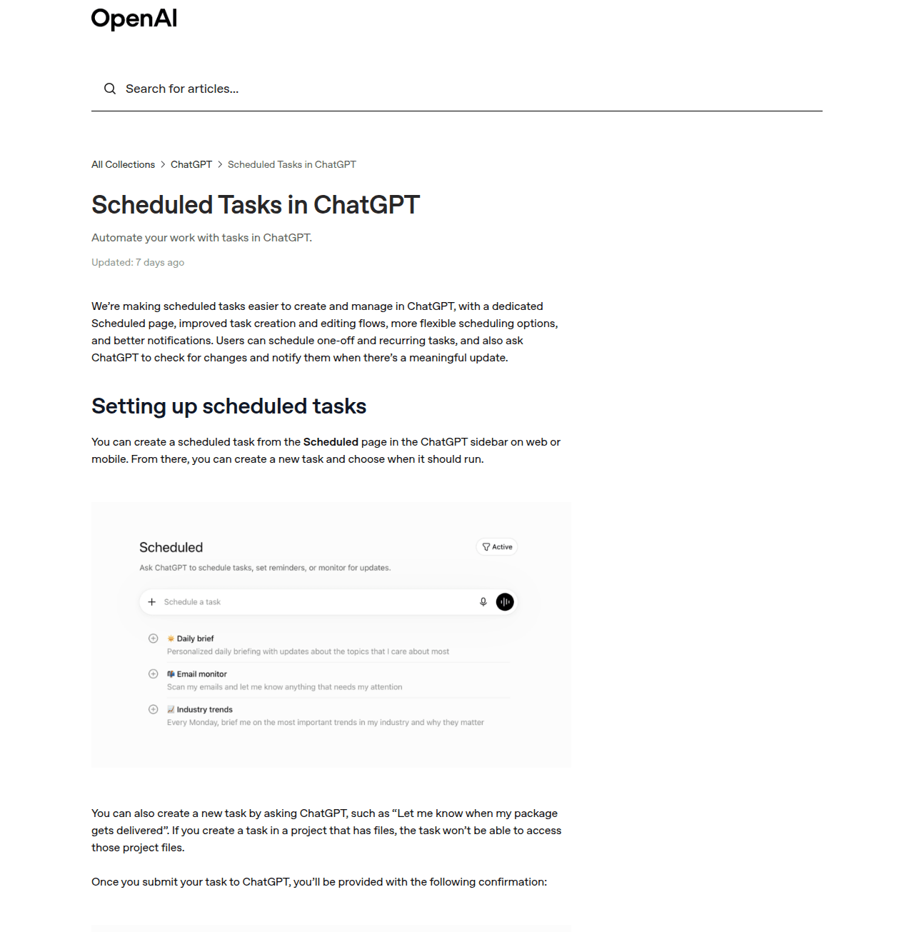 บทความอธิบายฟีเจอร์ tasks บนเว็บศูนย์ช่วยเหลืออย่างเป็นทางการของ OpenAI