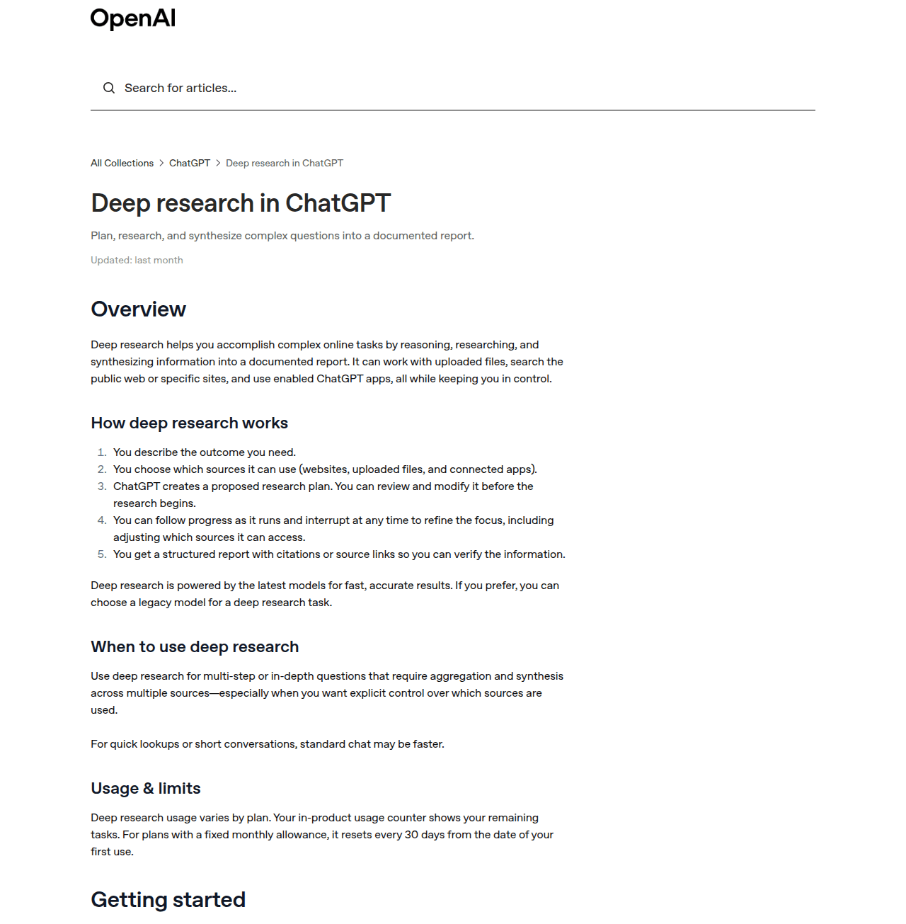 บทความเรื่อง deep research ในเว็บไซต์ศูนย์ช่วยเหลืออย่างเป็นทางการของ OpenAI
