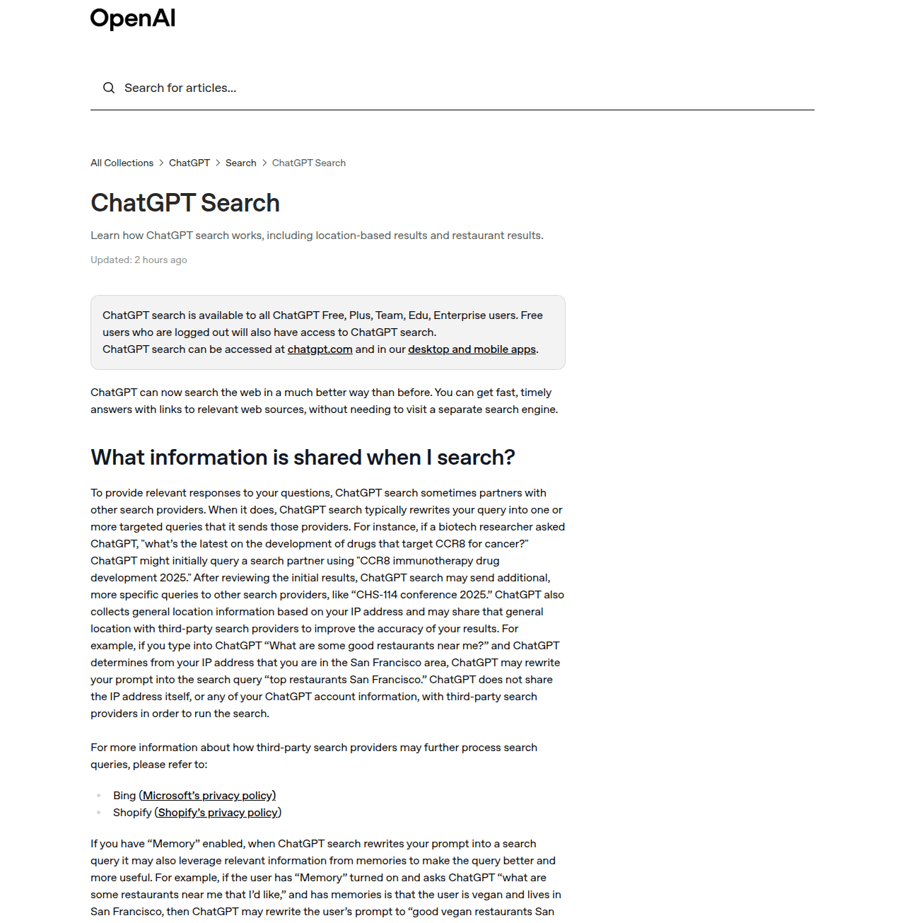 บทความเรื่อง ChatGPT search ในเว็บไซต์ศูนย์ช่วยเหลืออย่างเป็นทางการของ OpenAI