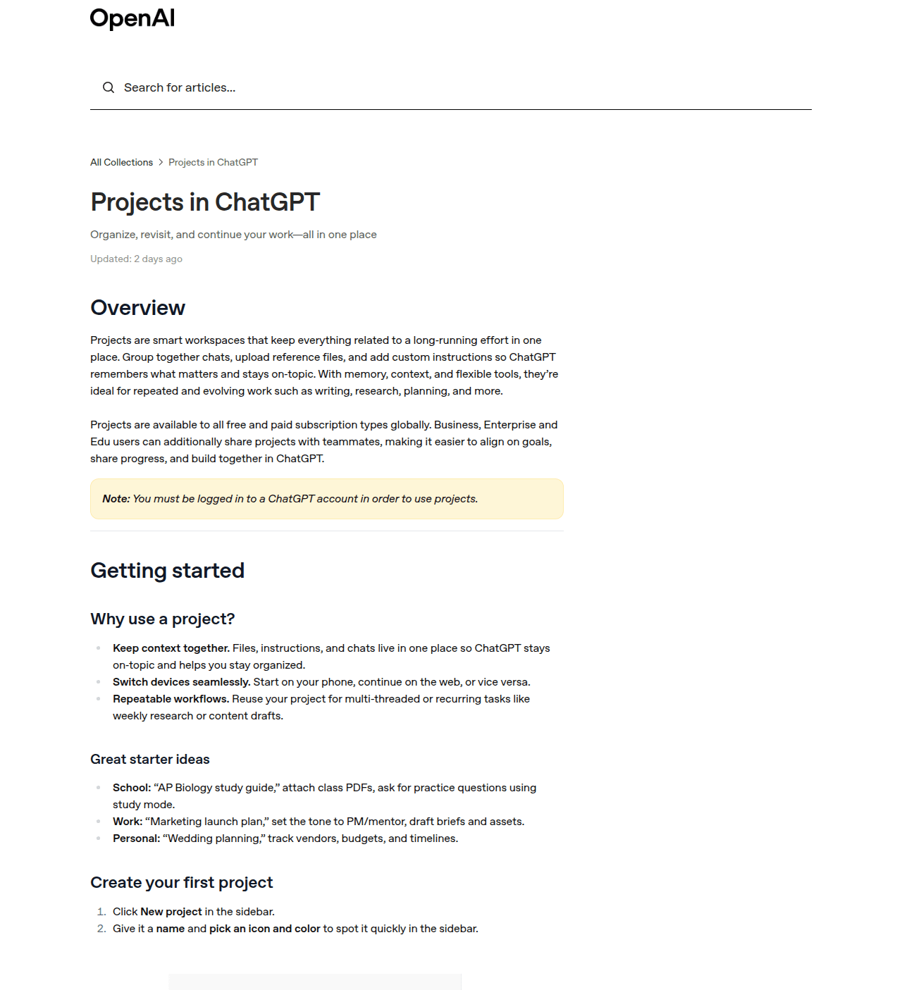 บทความแนะนำ Projects บนเว็บศูนย์ช่วยเหลือทางการของ OpenAI บริษัทผู้สร้าง ChatGPT