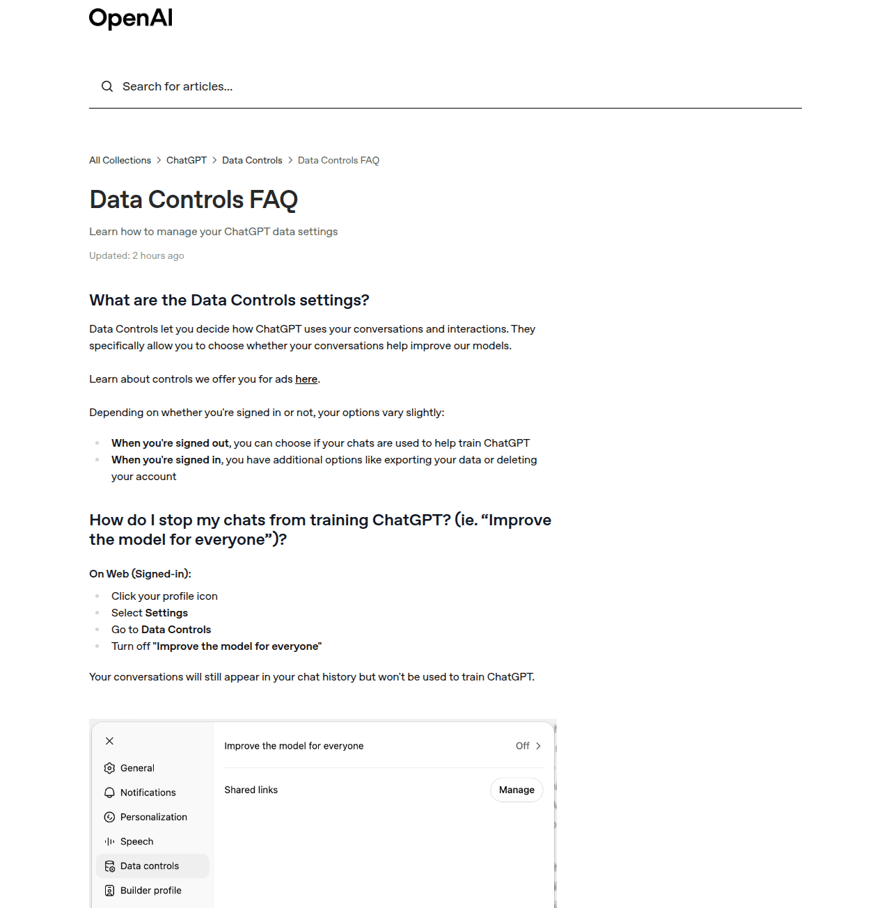 บทความ Data Controls บนเว็บศูนย์ช่วยเหลืออย่างเป็นทางการของ OpenAI