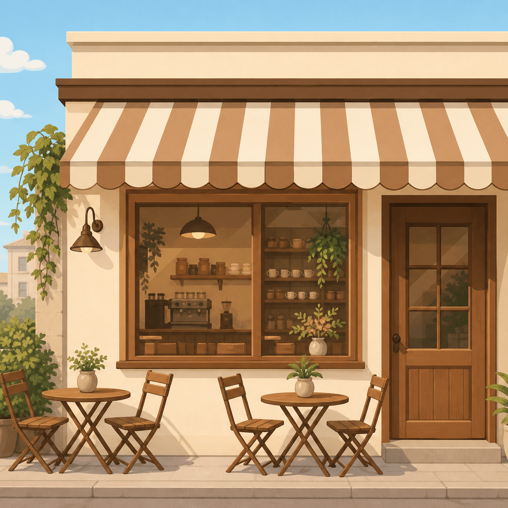 ภาพ flat vector หน้าร้านกาแฟตอนกลางวัน กันสาดลายทาง โต๊ะไม้สองตัว ต้นไม้ข้างประตู โทนครีมน้ำตาล