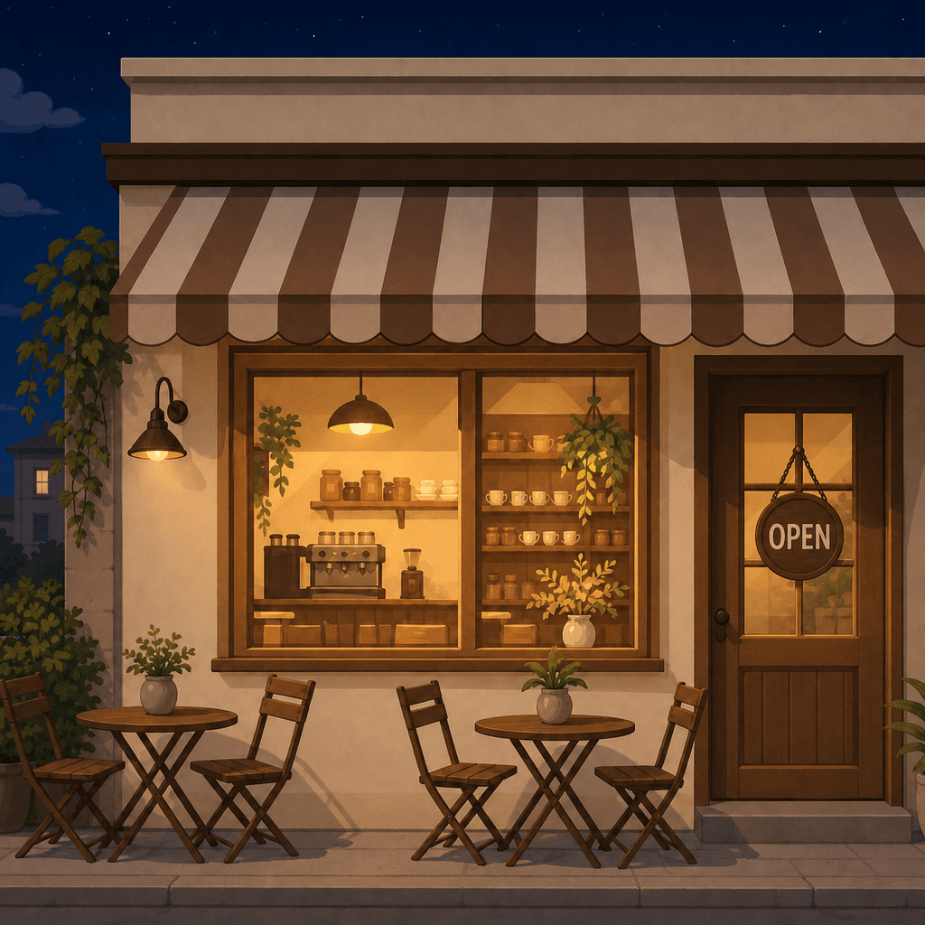 ร้านกาแฟเดิมในตอนค่ำ ไฟวอร์มไวท์ส่องจากหน้าต่าง มีป้าย OPEN แขวนหน้าประตู
