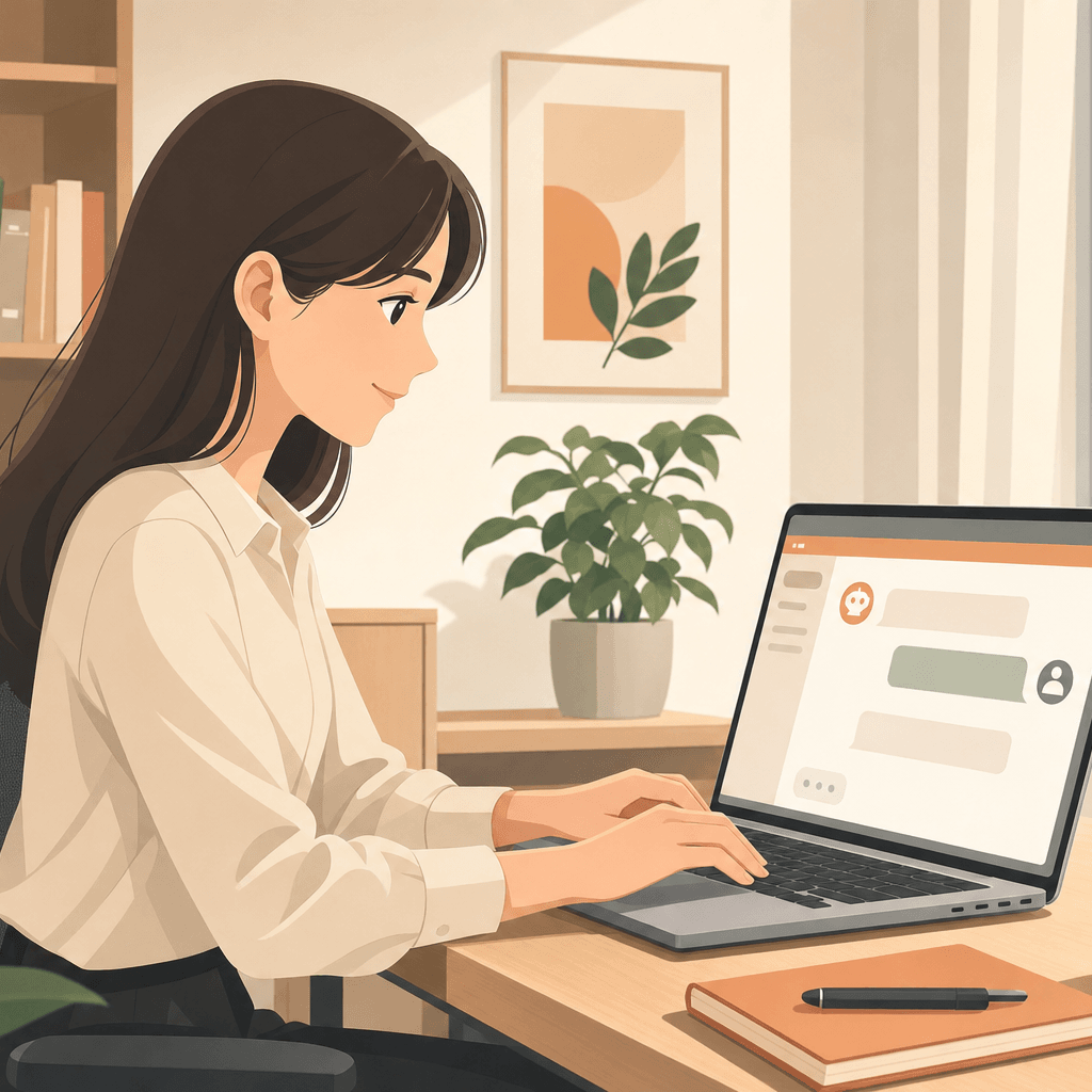 ภาพ flat vector พนักงานหญิงพิมพ์โน้ตบุ๊กที่แสดงหน้าแชทเป็นกรอบข้อความ ฉากออฟฟิศโทนอบอุ่น