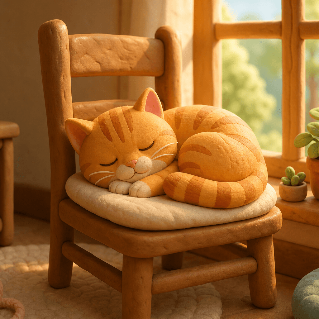 ภาพ 3D สไตล์ดินปั้นของแมวส้มตัวกลมมนนอนขดบนเก้าอี้ไม้
