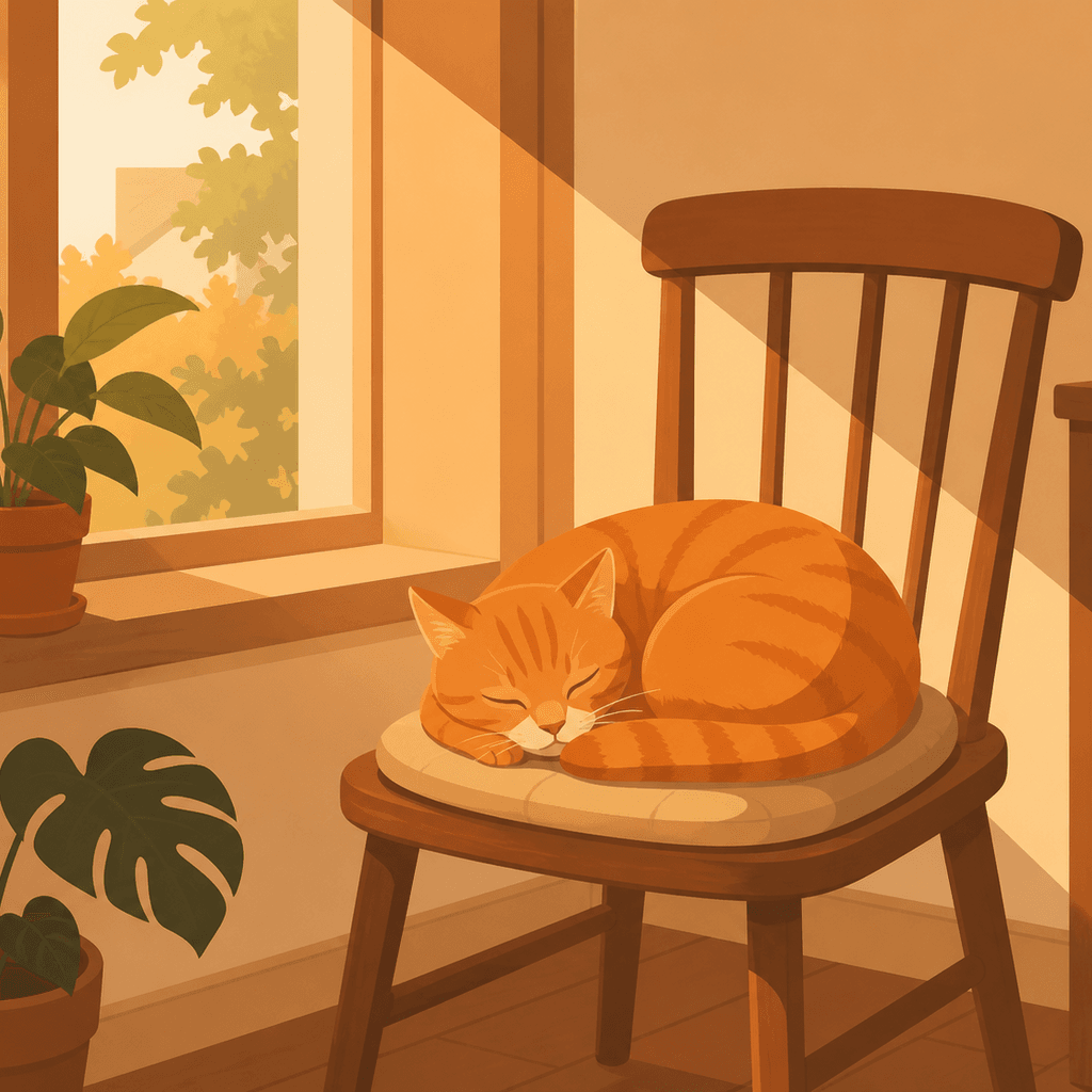 ภาพ flat vector ของแมวส้มนอนขดบนเก้าอี้ไม้ สีเรียบ แถบแสงส้มอ่อน