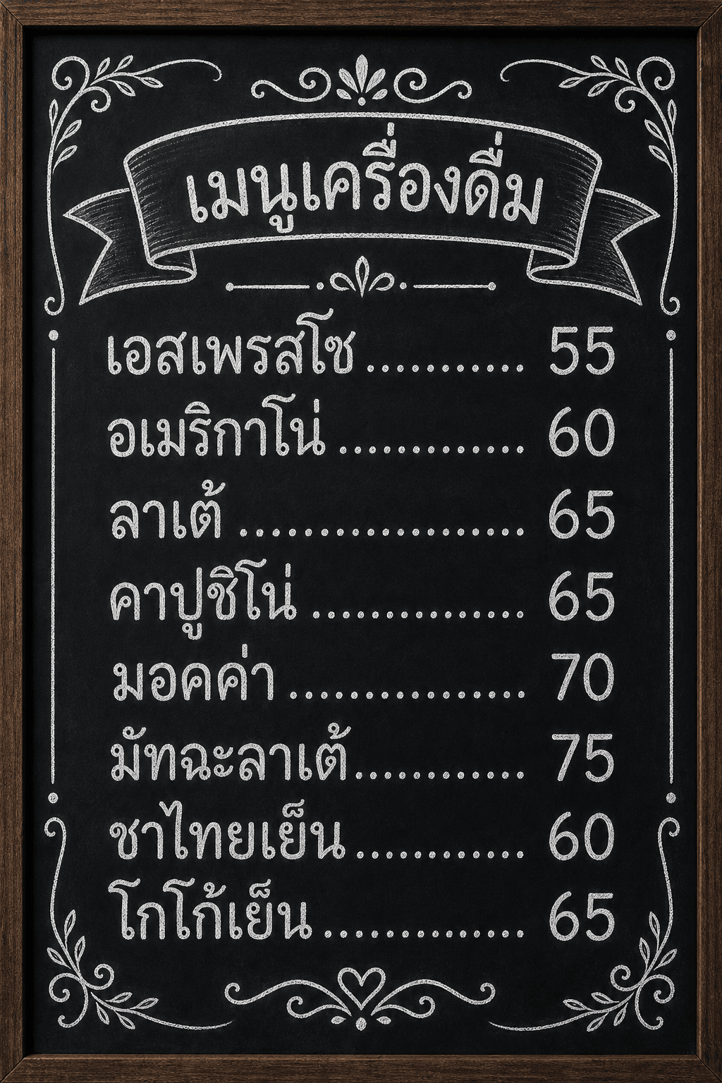 ป้ายเมนูกระดานดำ ตัวหนังสือชอล์กขาว รายการเครื่องดื่ม 8 บรรทัดพร้อมราคา