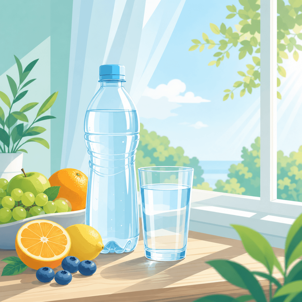 ภาพ flat vector ขวดน้ำและแก้วน้ำริมหน้าต่าง มีผลไม้หลายชนิดกองอยู่รอบๆ โทนฟ้ามินต์