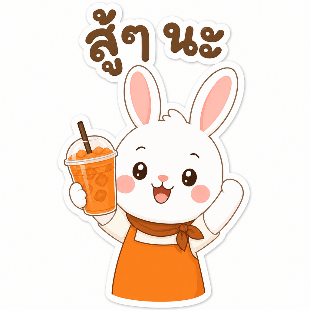 สติกเกอร์กระต่ายตัวเดิมชูแก้วชาไทย มีเส้นขอบขาวหนาและคำว่าสู้ๆ นะ ด้านบน