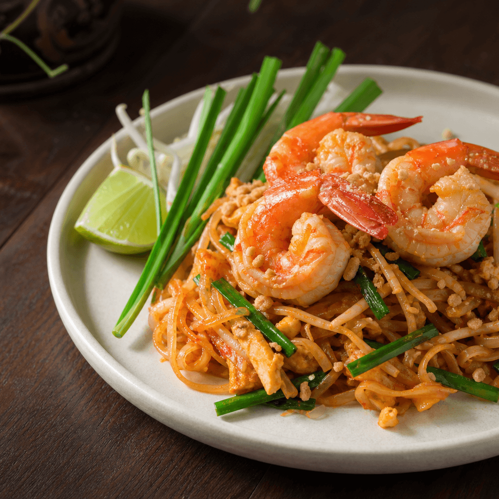 จานผัดไทยกุ้งสดสามตัว เส้นเงามัน โรยถั่วลิสง มีมะนาวข้างจาน บนโต๊ะไม้เข้ม