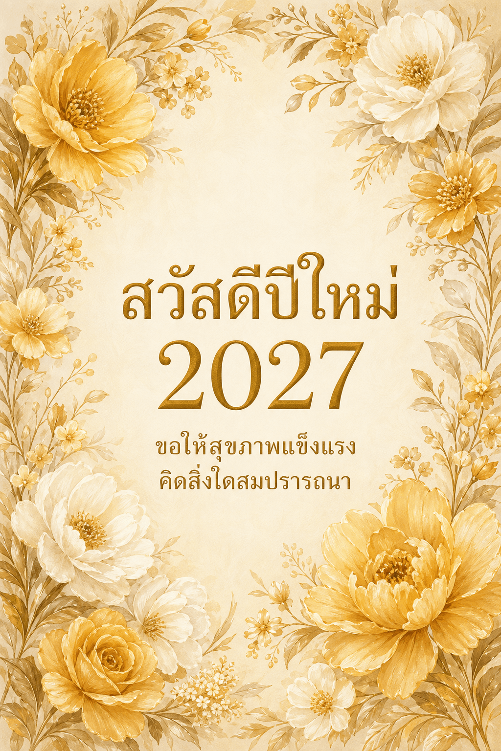 การ์ดปีใหม่กรอบดอกไม้สีทอง ตัวหนังสือสวัสดีปีใหม่ 2027 พร้อมคำอวยพร