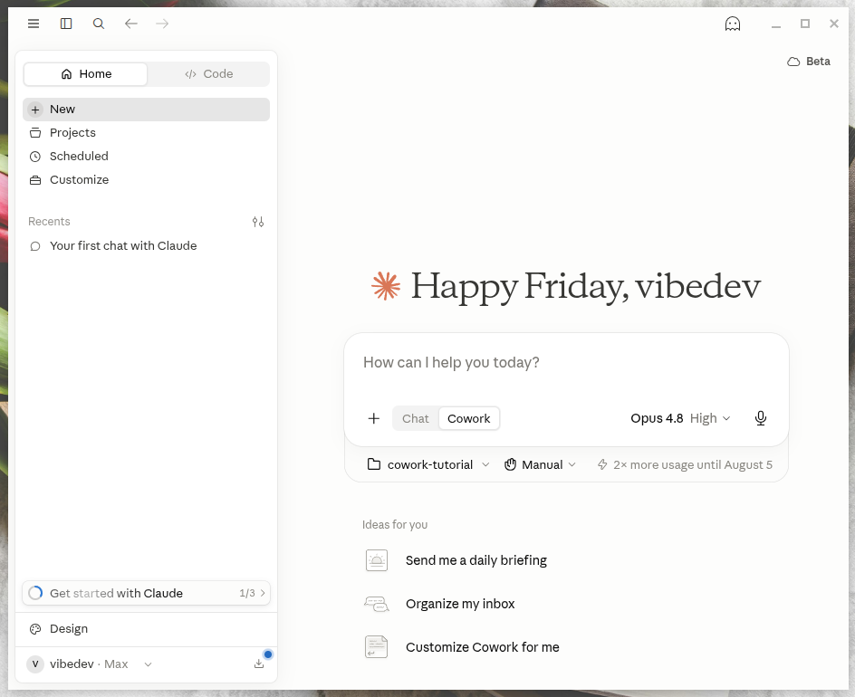 หน้า home ของ Claude ที่ Chat กับ Cowork อยู่รวมกัน โดยเลือกโหมด Cowork ได้จากกล่องพิมพ์ข้อความ