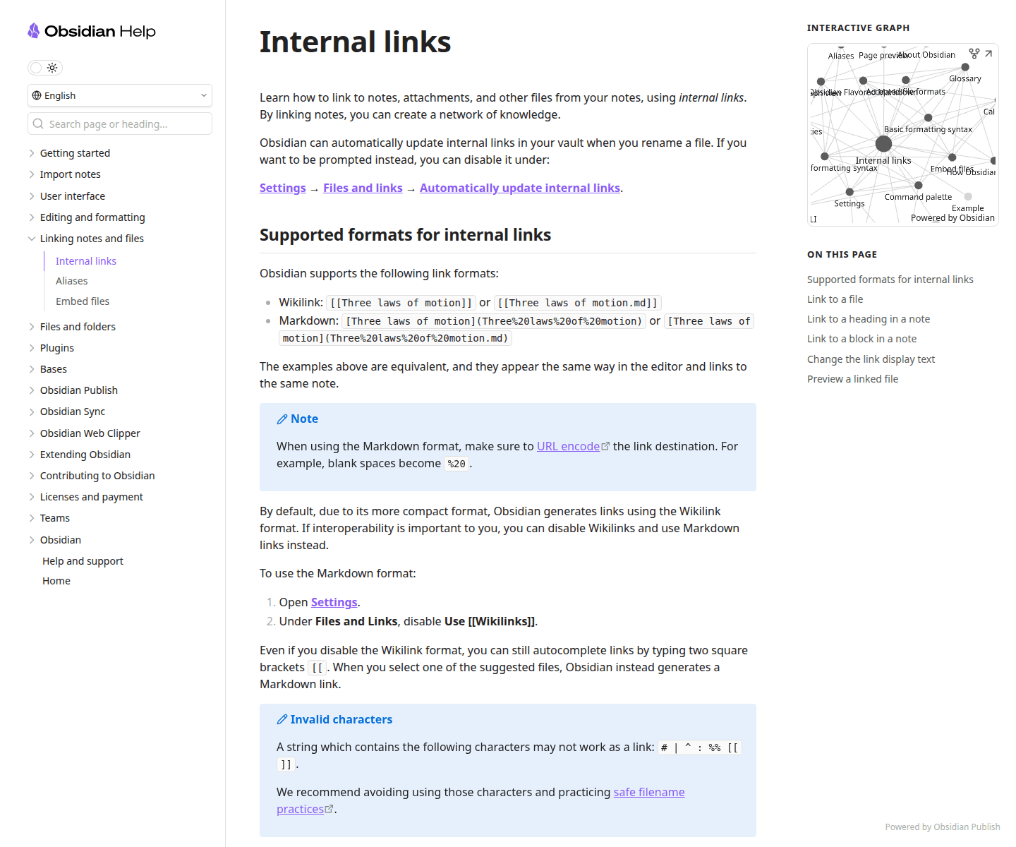 หน้า Obsidian Help เรื่อง Internal links: หัวใจคือการทำให้ note คุยกันได้