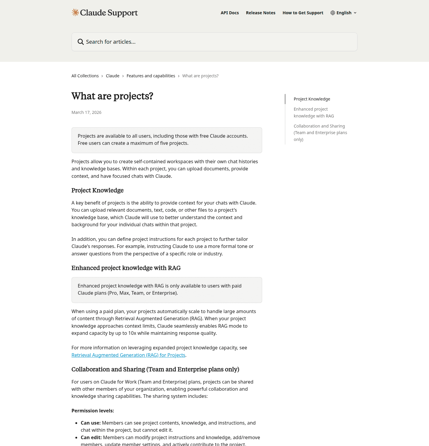 หน้า Claude Support เรื่อง Projects: ใช้แยก context ตามงาน แต่ไม่แทน Obsidian ทั้ง vault