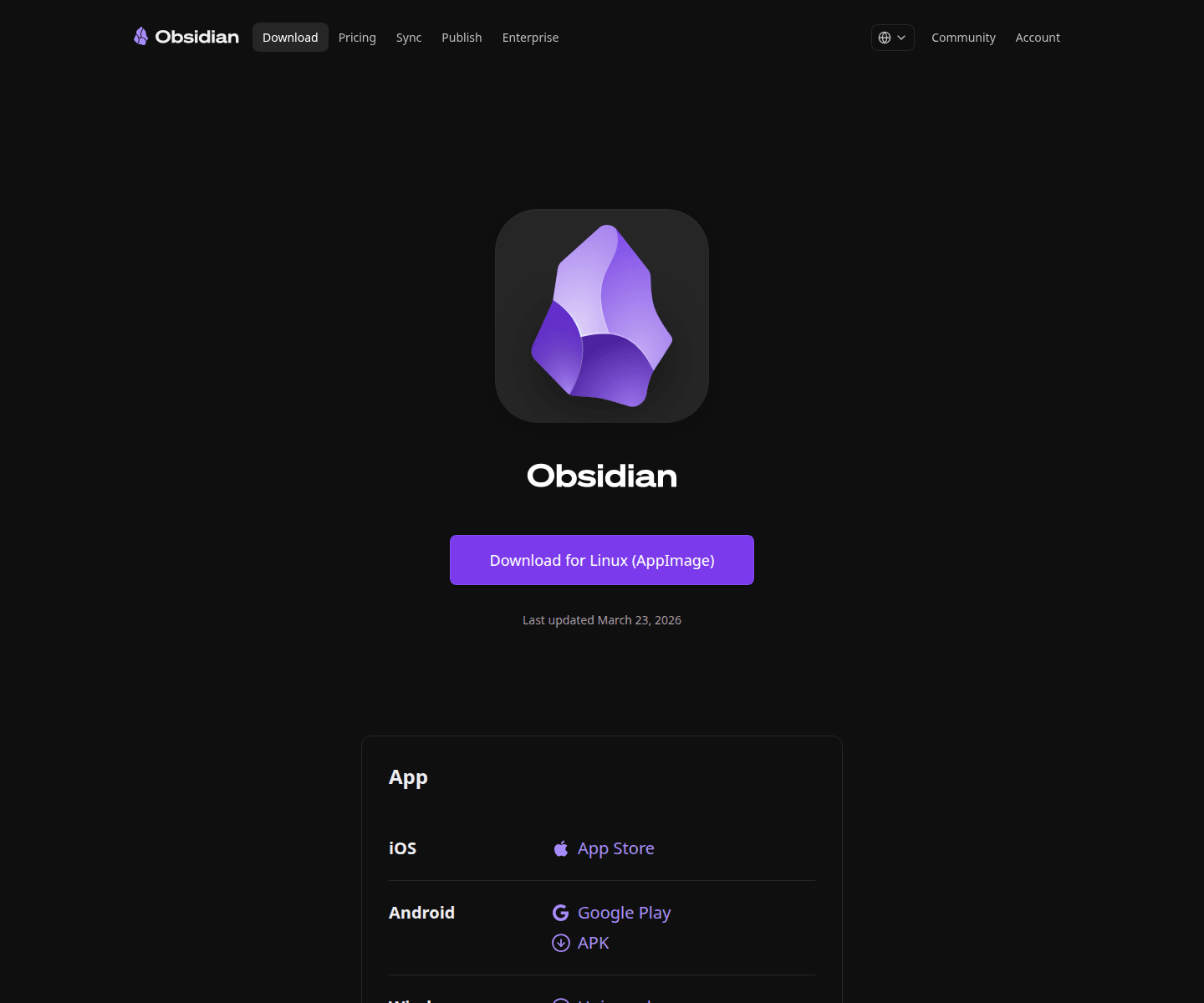 หน้า Download ของ Obsidian: ขั้นแรกคือมี vault เล็ก ๆ ของตัวเองก่อน