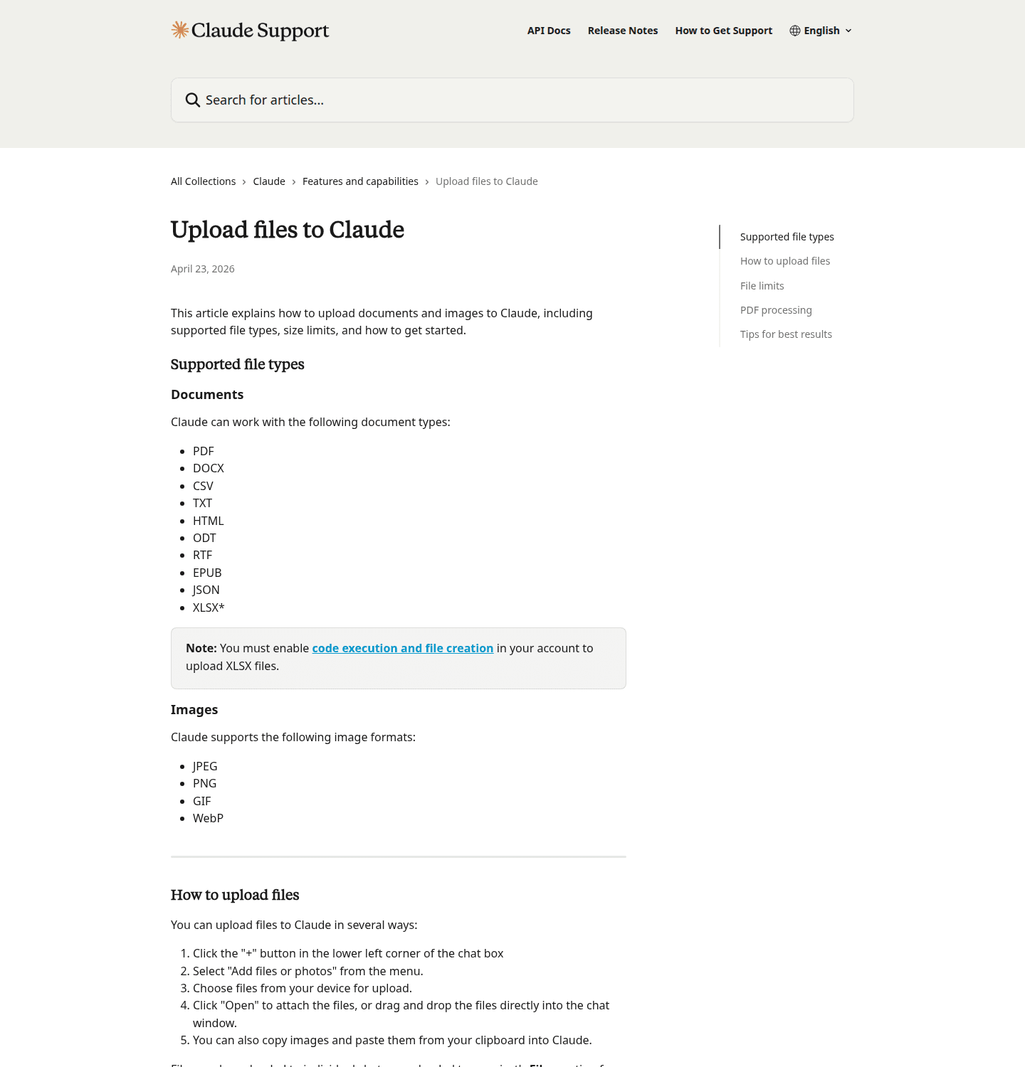 หน้า Claude Support เรื่องการ upload files: Claude อ่านไฟล์ได้ แต่เราต้องเลือก context ให้พอดี