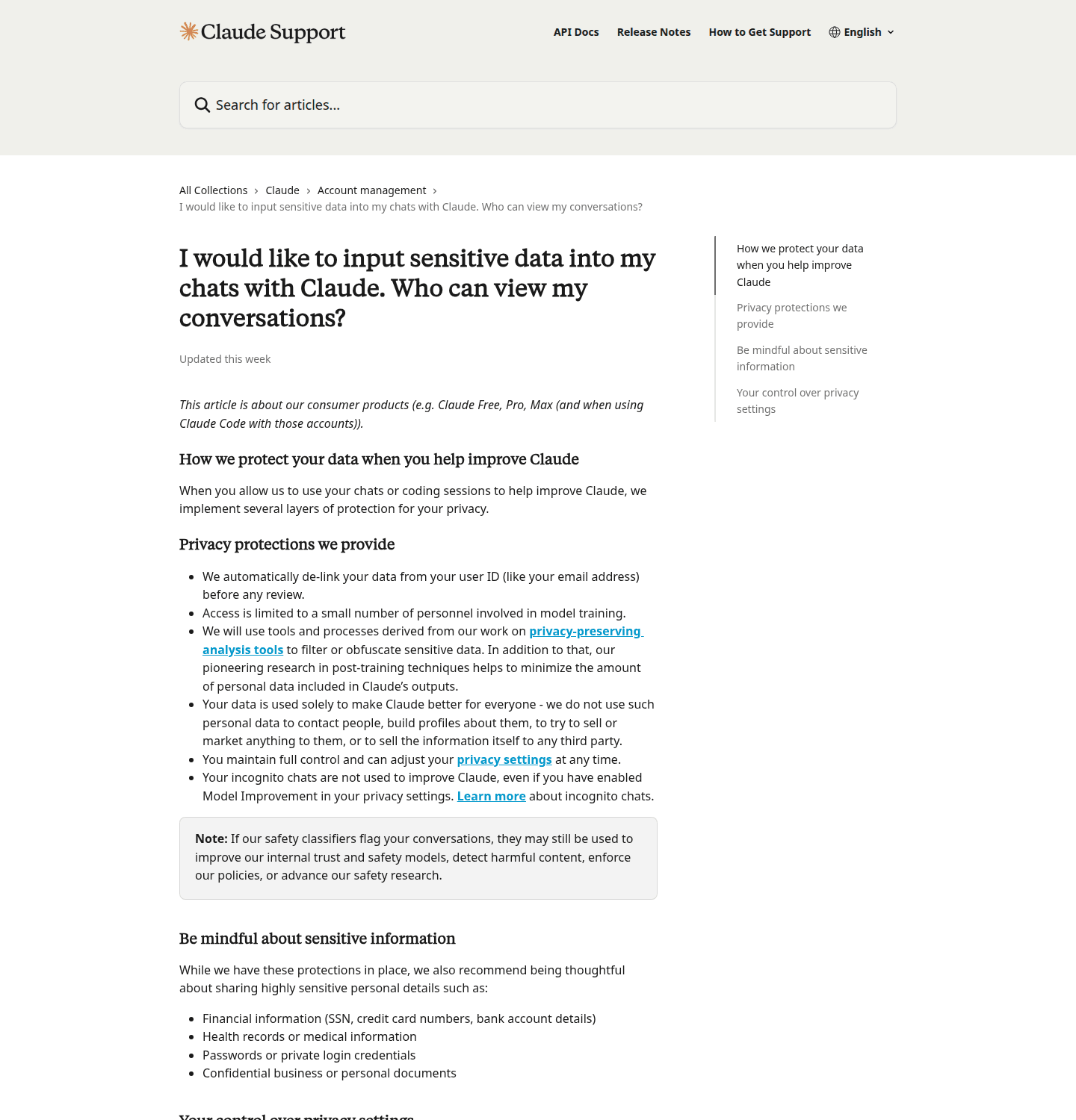 หน้า Claude Support เรื่อง sensitive data: เตือนให้ตัดข้อมูลลับหรือข้อมูลส่วนตัวที่ไม่จำเป็นออกก่อน