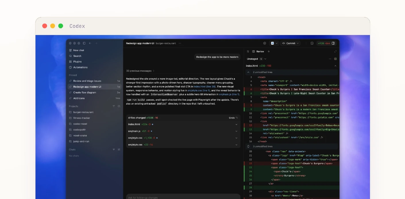 หน้าจอ Codex App แสดงเมนูซ้าย ช่องคุยกลาง และแผงตรวจขวา