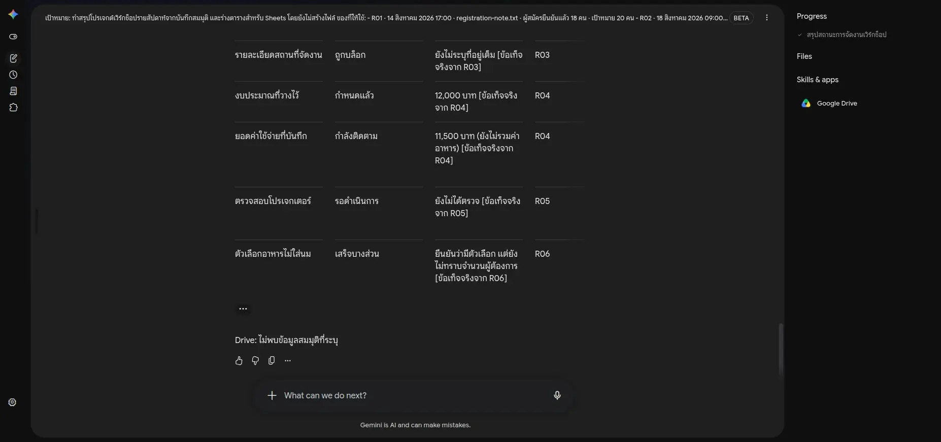 นี่คือร่างโครงสร้างใน task thread โดยยังไม่มีการสร้างหรือแก้ไขไฟล์ Google Sheets จริง