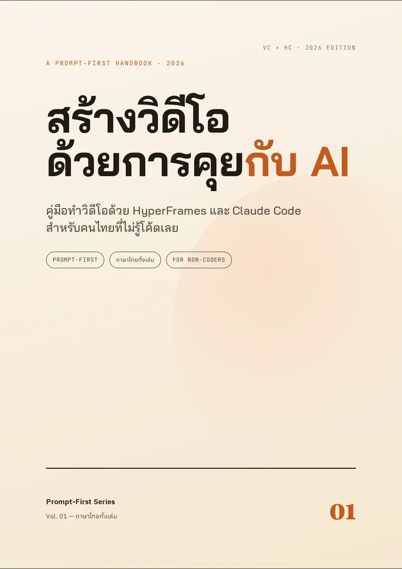 ปกหนังสือ Prompt-First Video: สร้างวิดีโอด้วย HyperFrames + Claude Code