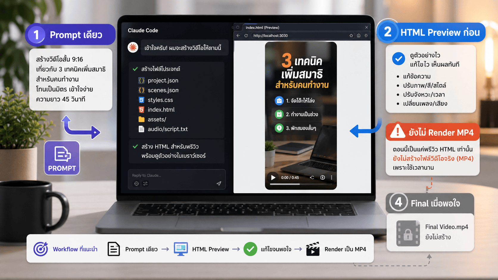 ภาพตัวอย่างการสร้างวิดีโอแรกแบบ HTML preview ก่อน render MP4