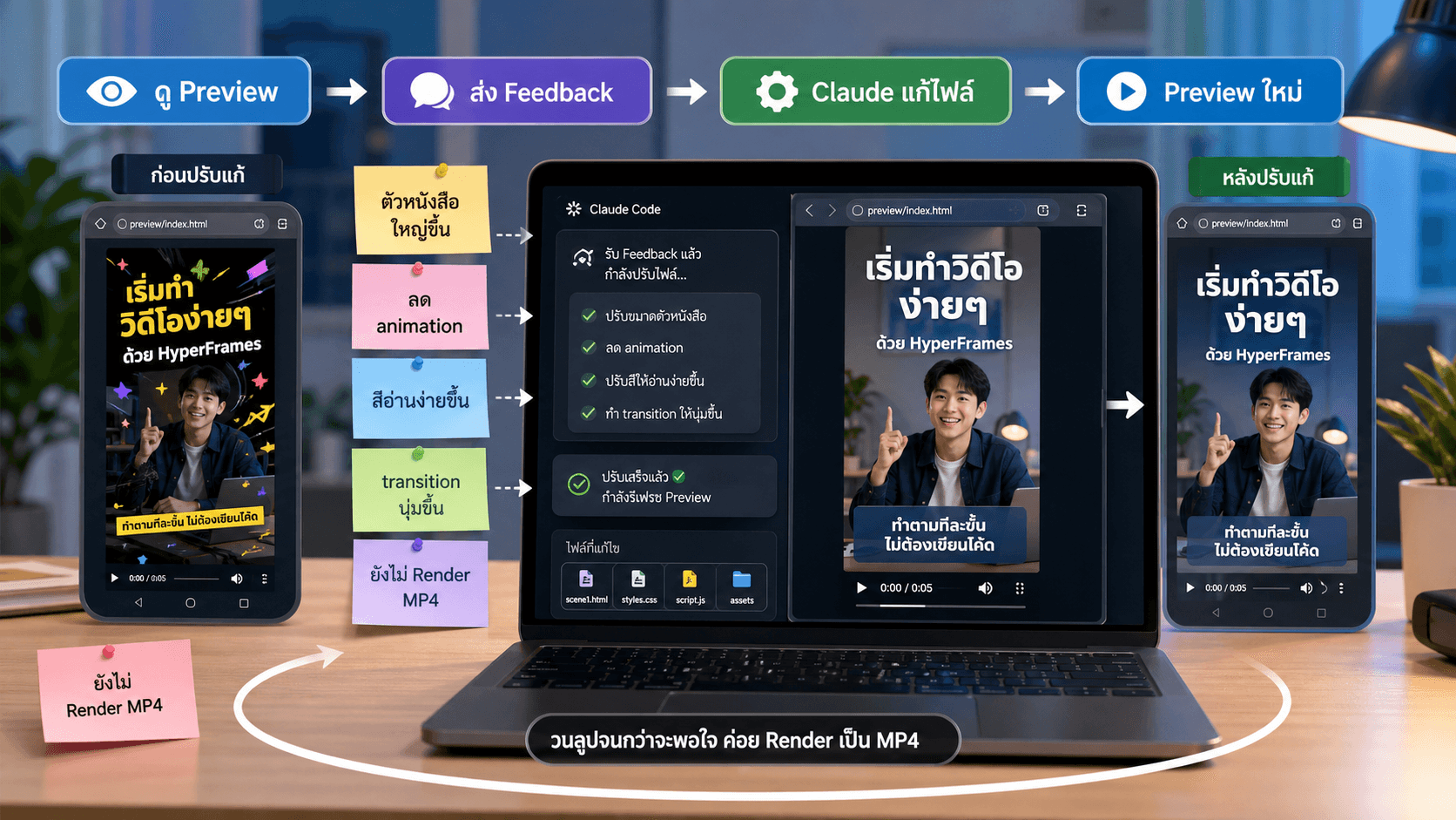 ภาพตัวอย่างการแก้วิดีโอด้วย feedback แล้วดู preview ใหม่