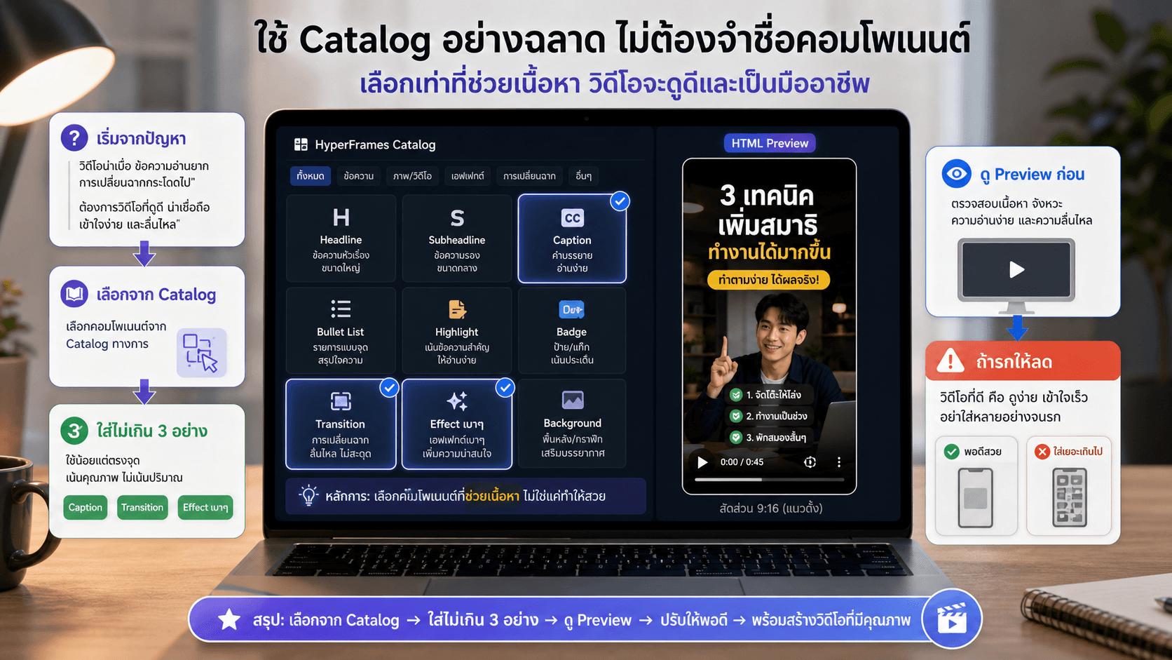 ภาพตัวอย่างการเลือก component จาก HyperFrames Catalog แล้วดู preview ก่อน