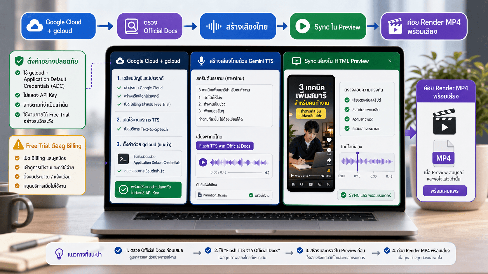 ภาพตัวอย่าง workflow Gemini TTS ผ่าน Google Cloud/gcloud และตรวจเสียงใน preview
