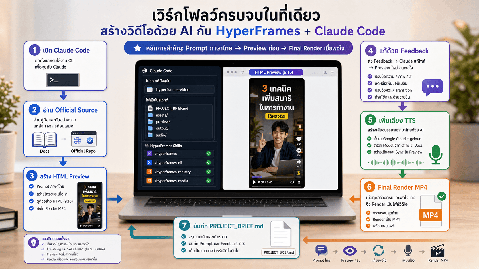 ภาพสรุป workflow ครบจบตั้งแต่เปิด Claude Code จนได้ MP4