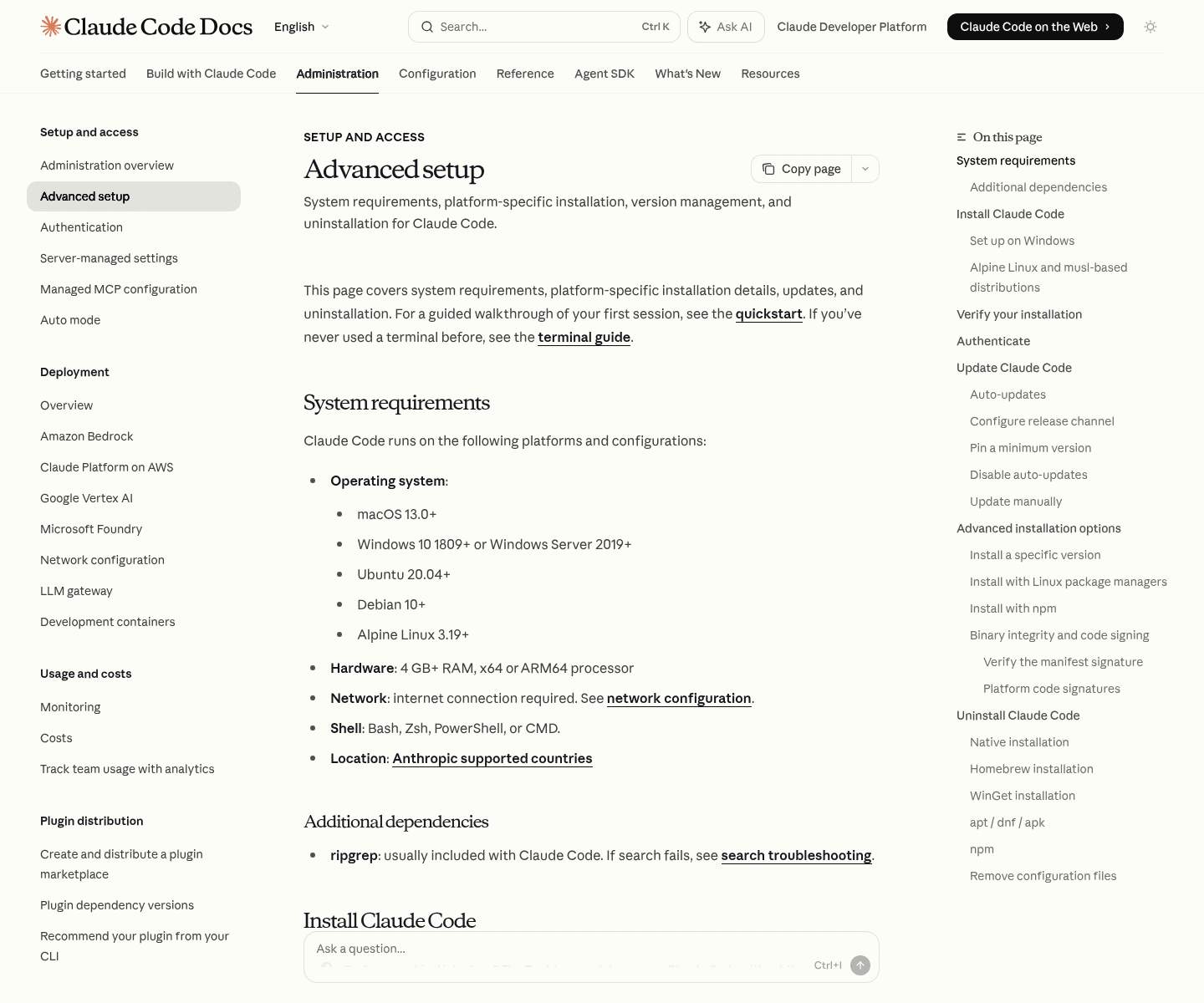 Screenshot: หน้า official setup ของ Claude Code