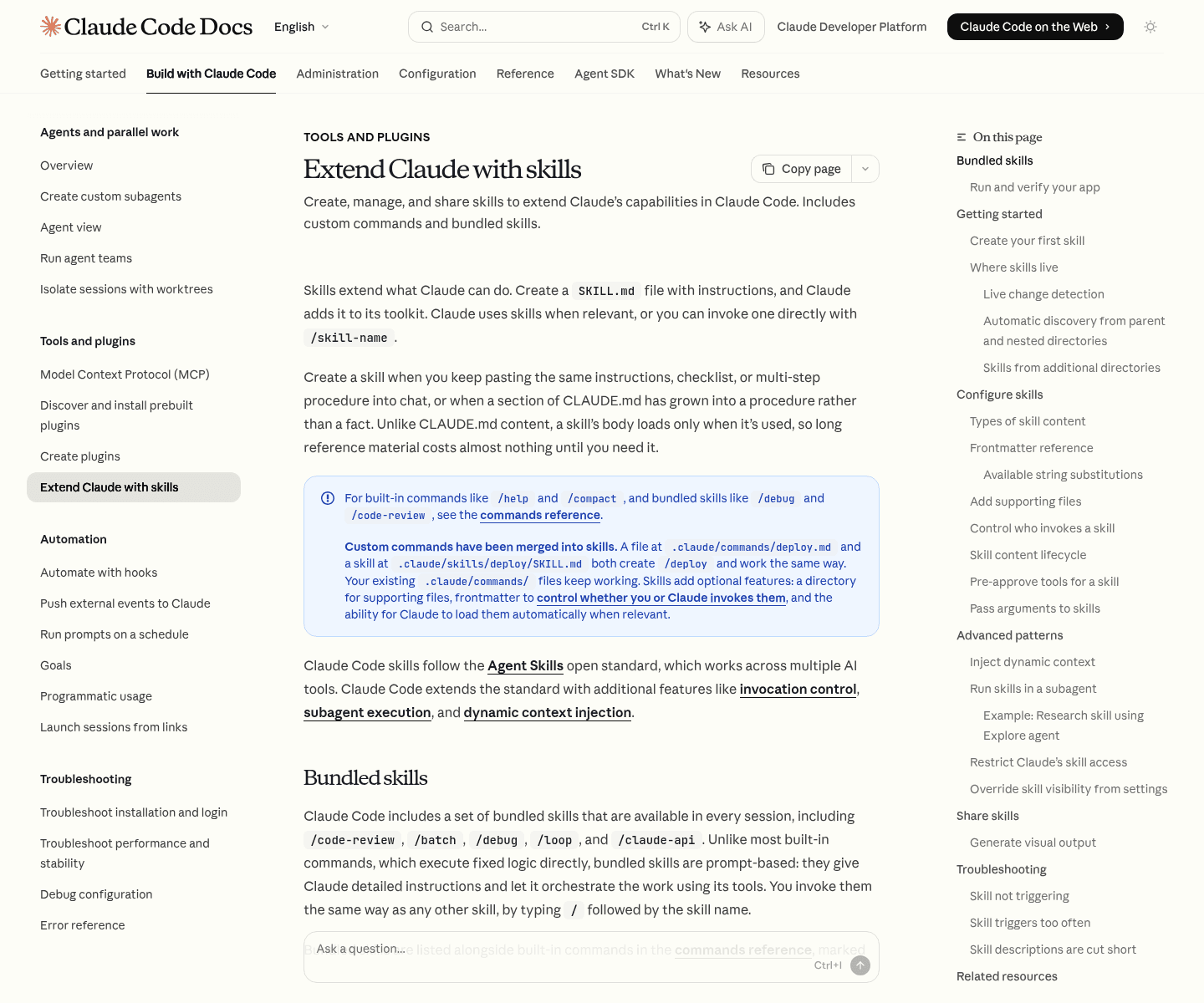 Screenshot: หน้า official docs เรื่อง Claude Code Skills