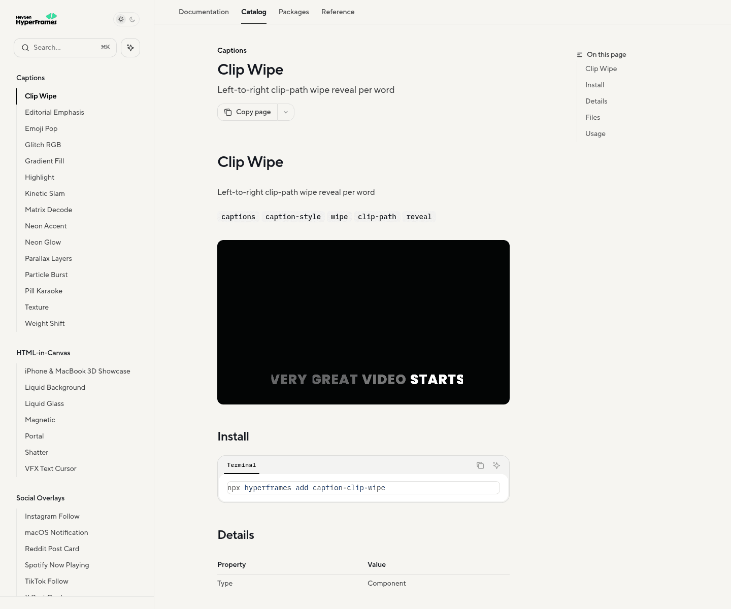 Screenshot: หน้า official HyperFrames catalog