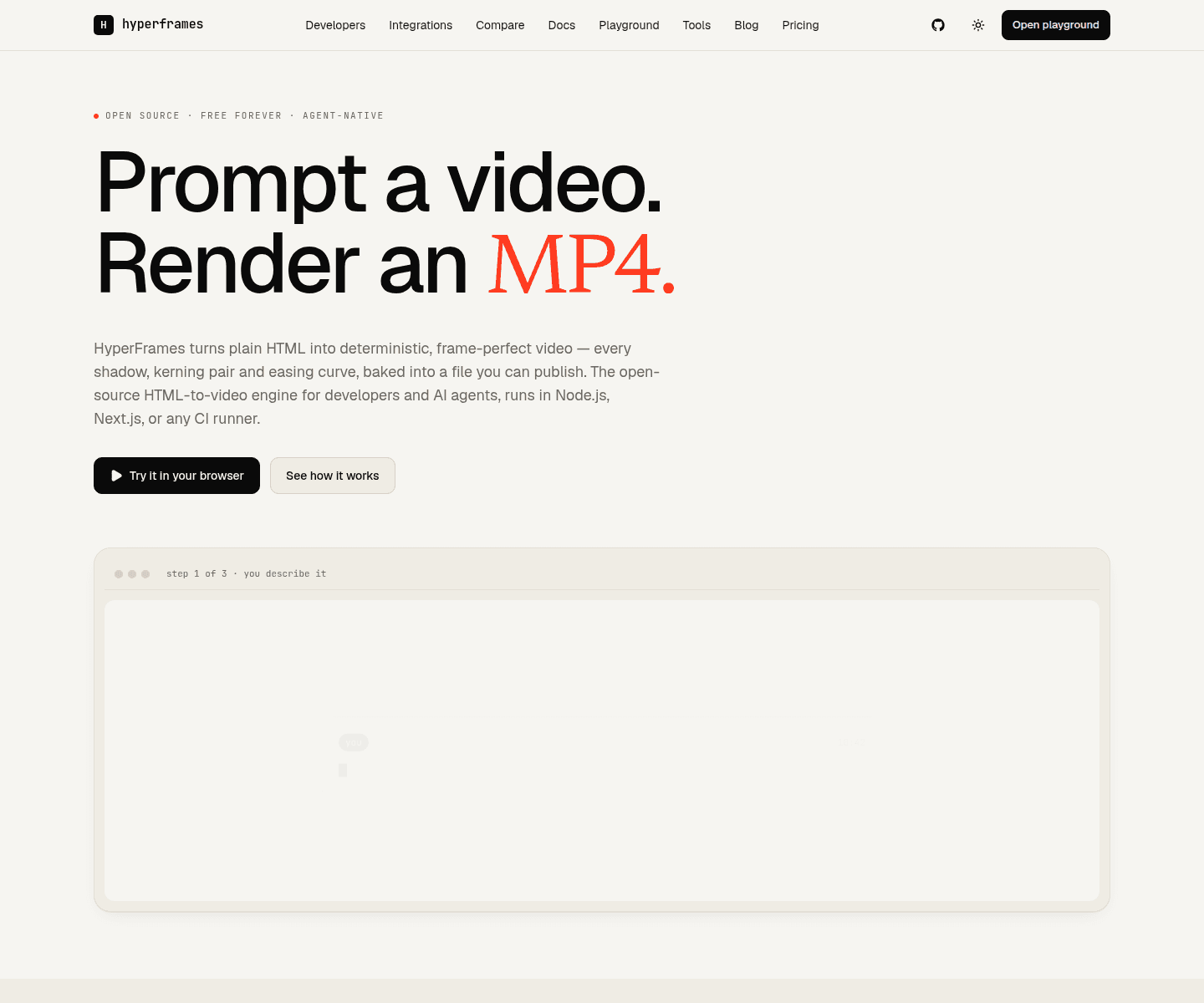 Screenshot: official HyperFrames homepage