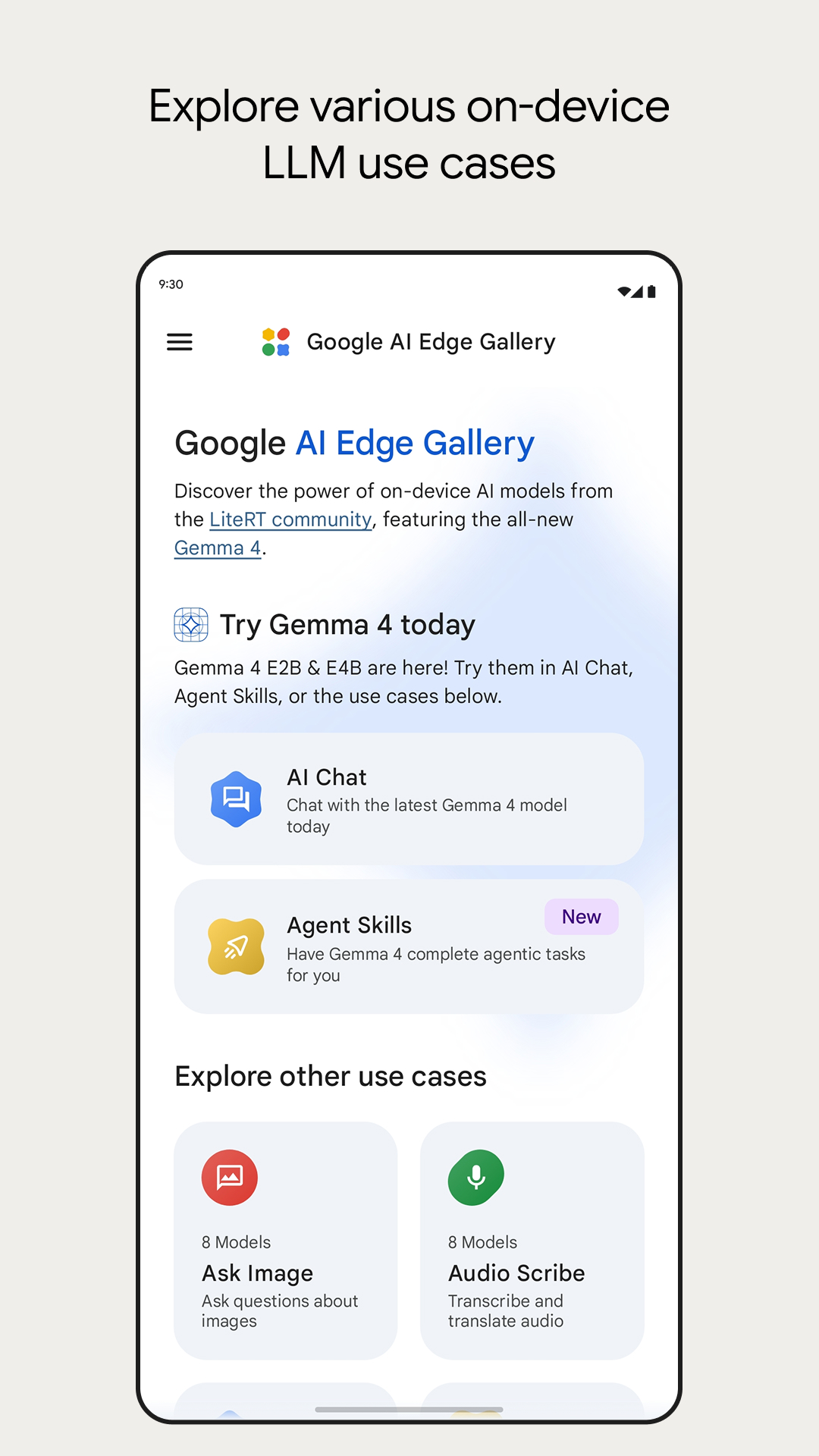 หน้าแรกของแอป Google AI Edge Gallery ชวนลอง Gemma 4 มีเมนู AI Chat · Agent Skills · Ask Image · Audio Scribe
