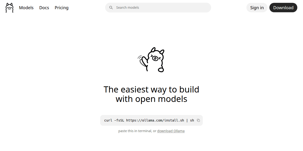 หน้าแรกของเว็บ ollama.com มีมาสคอตลามะ สโลแกนว่าใช้งานโมเดล open-source ได้ง่ายที่สุด และกล่องคำสั่งติดตั้งเพียงบรรทัดเดียว