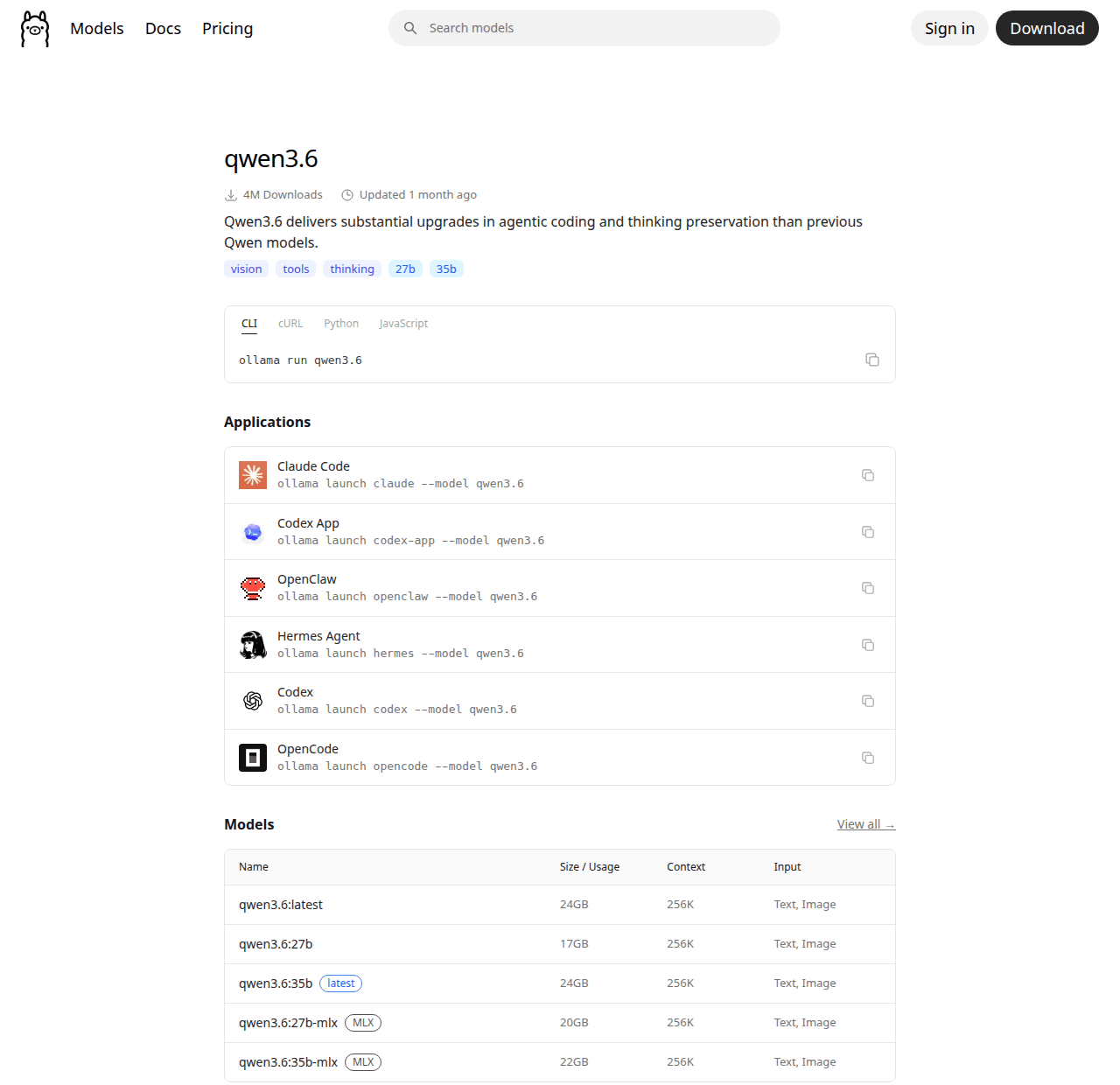 หน้าโมเดล qwen3.6 บน ollama.com แสดงคำสั่งติดตั้ง รายการเครื่องมือที่รองรับ และตารางแท็กพร้อมขนาดไฟล์กับความยาว context