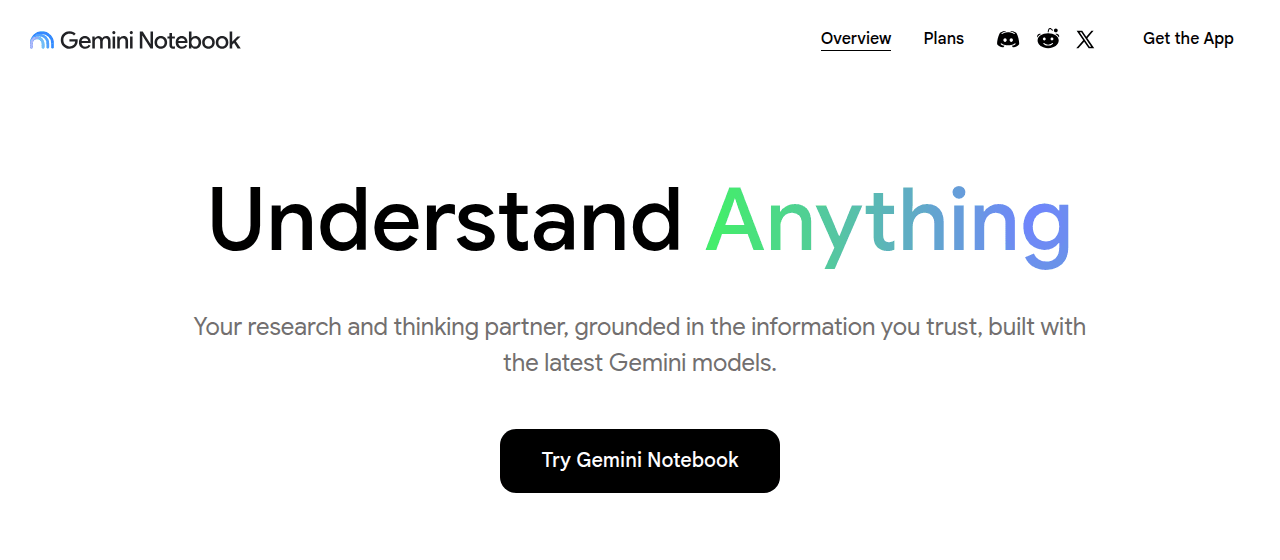 หน้าแรกของเว็บ NotebookLM มีหัวข้อใหญ่ Understand Anything และปุ่มเริ่มใช้งาน