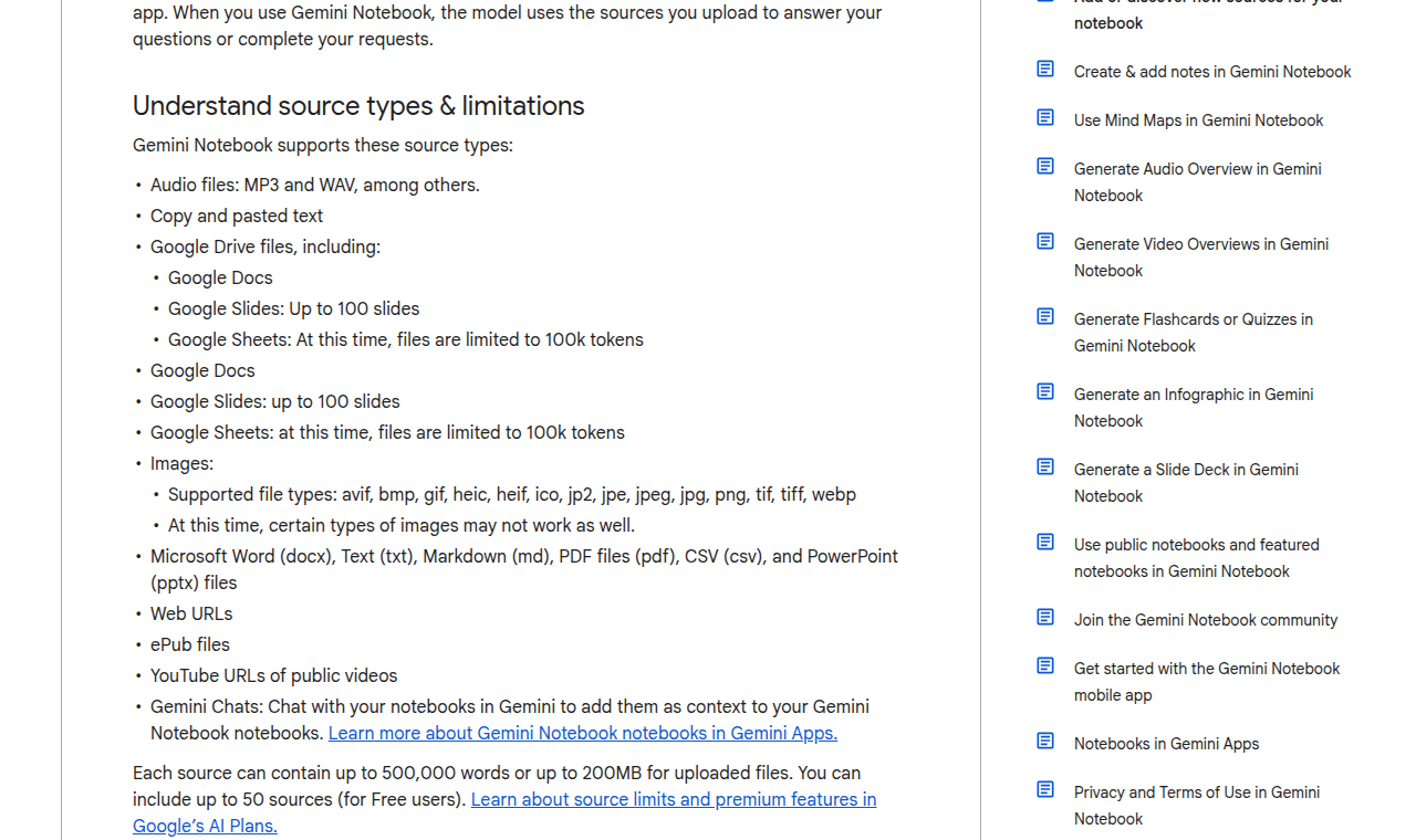 ส่วนหนึ่งของหน้าศูนย์ช่วยเหลือของ Google ในหัวข้อ Understand source types & limitations ซึ่งแสดงรายการชนิดไฟล์ที่รองรับทั้งหมด