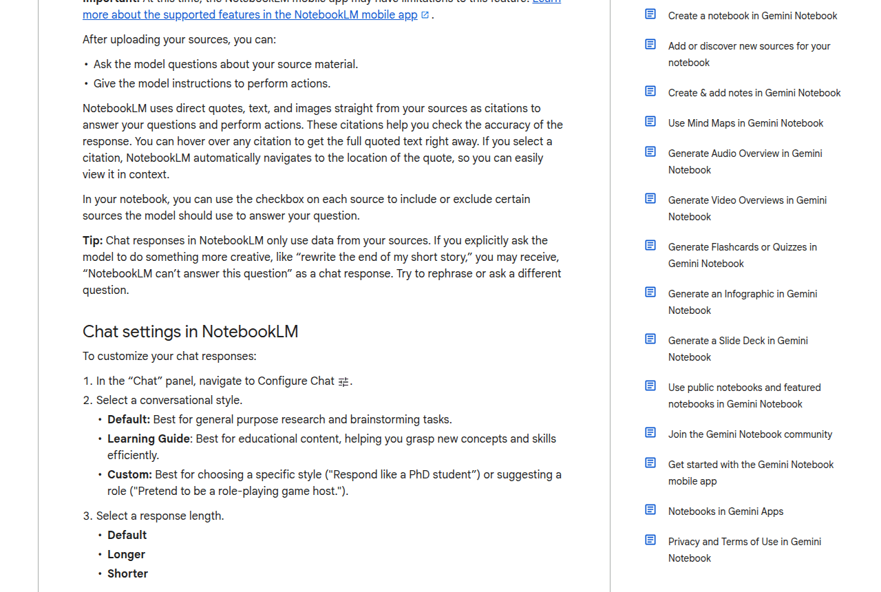 ส่วนบนของหน้าศูนย์ช่วยเหลืออย่างเป็นทางการเรื่อง Use chat in NotebookLM ซึ่งอธิบายวิธีถามคำถามและการทำงานของ citation