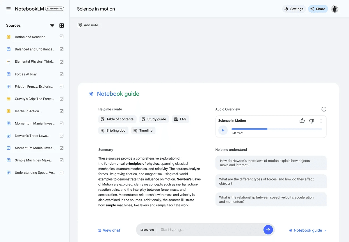 หน้าจอจริงของ NotebookLM จากประกาศเปิดตัวฟีเจอร์ แสดงเครื่องเล่น Audio Overview พร้อมรายการ source ทางซ้ายและปุ่มสร้างเอกสารสรุปแบบต่างๆ