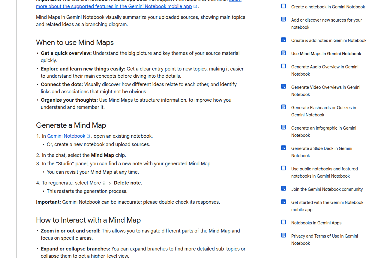 ส่วนบนของหน้าศูนย์ช่วยเหลือทางการเรื่อง Use Mind Maps อธิบายว่า Mind Map สรุป source เป็นแผนภาพแตกแขนง พร้อมแนะนำสถานการณ์ที่เหมาะกับการใช้งาน