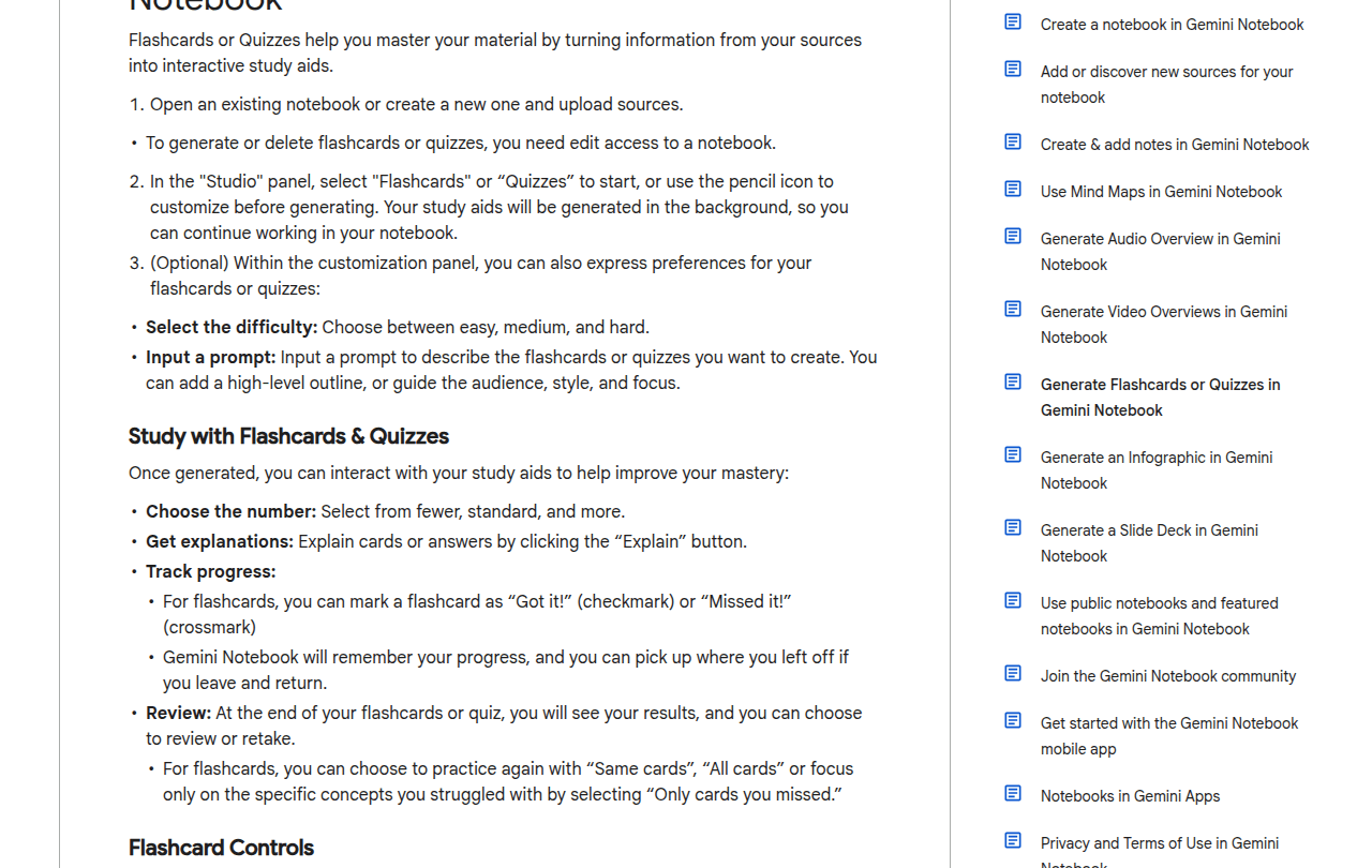 ส่วนบนของหน้าศูนย์ช่วยเหลือของ Google เรื่อง Generate Flashcards or Quizzes อธิบายการสร้างและปรับระดับความยากของชุดท่องจำ