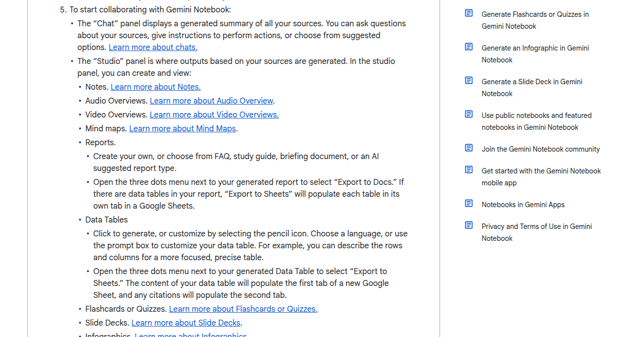 หน้าศูนย์ช่วยเหลือของ Google ส่วนที่อธิบายแผง Studio สำหรับสร้าง Reports แบบต่างๆ และ Data Tables จาก source