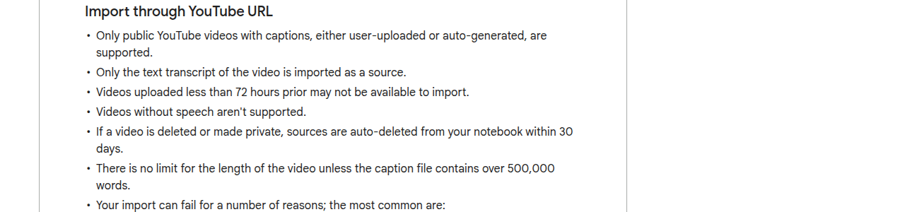 ส่วนของหน้าศูนย์ช่วยเหลือของ Google เรื่องการนำเข้าผ่านลิงก์เว็บและลิงก์ YouTube แสดงเงื่อนไขครบทุกข้อ