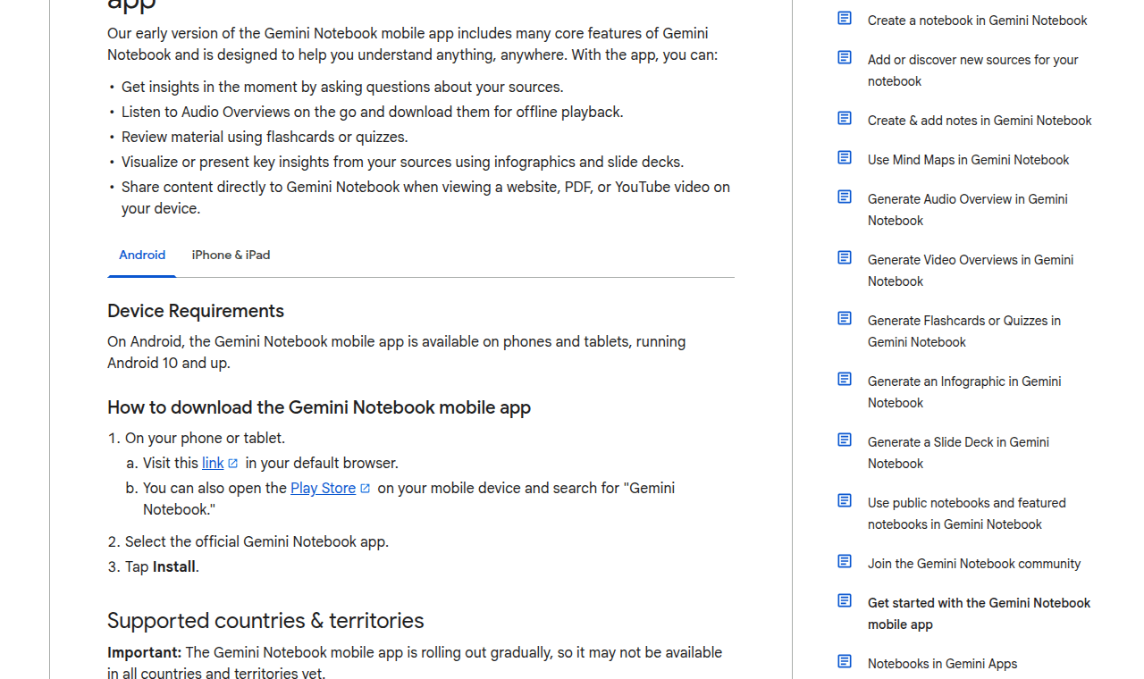 ส่วนบนของหน้าศูนย์ช่วยเหลือของ Google เรื่องแอปมือถือ แสดงความสามารถหลักและเงื่อนไขระบบปฏิบัติการ