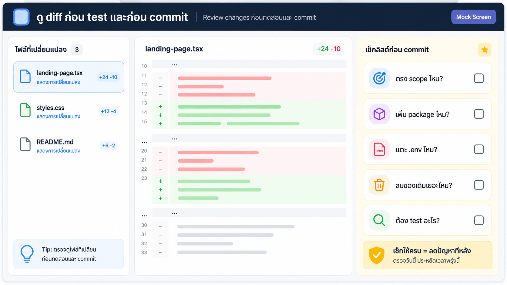 ดู diff ก่อน test และก่อน commit